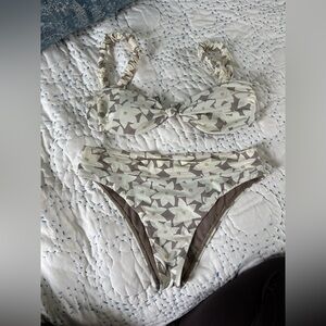 Billabong Floral Print Bandeau Bikini Set in Cream and Brown